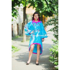 Boho Style Embroidered Assimetric Dress "Summer Birds" Turquoise/Pink